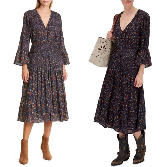 Veronica Beard Blue and Orange Floral Midi Dress - Picture 1 of 5